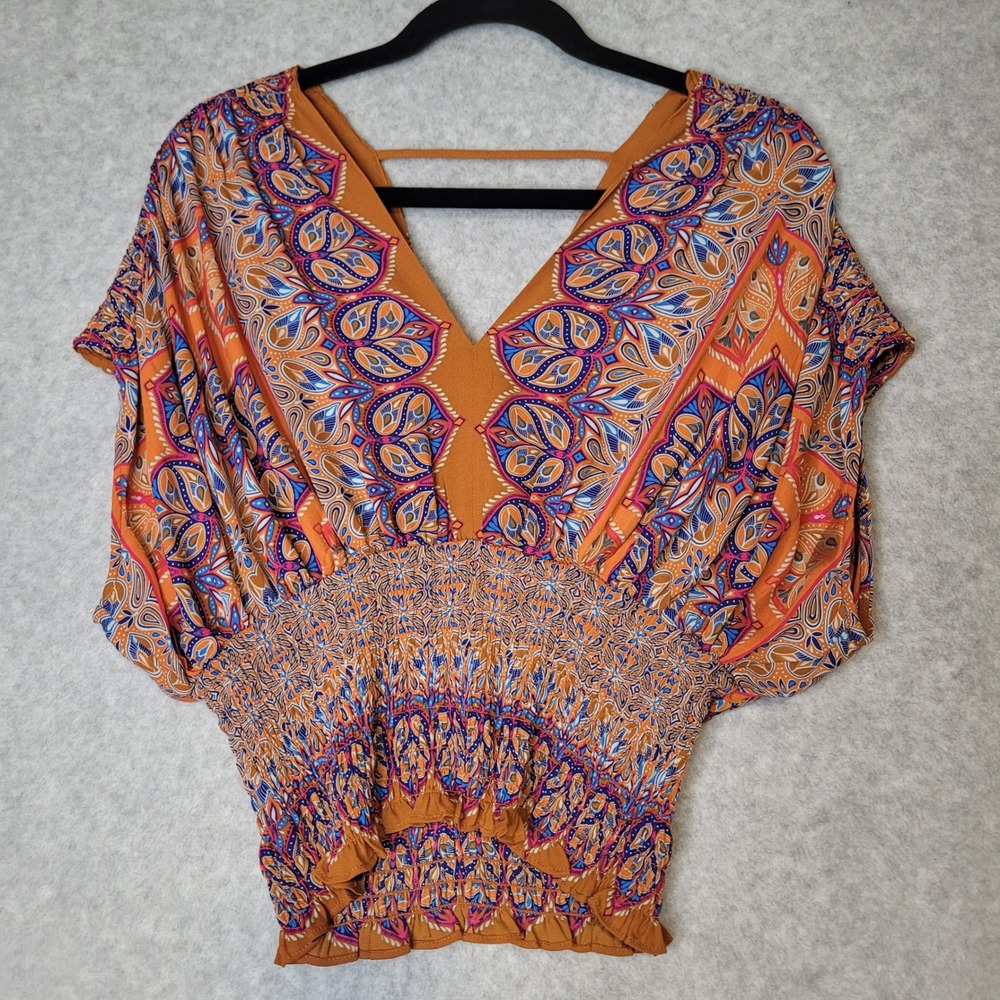 Rose + Olive Orange Paisley Smocked Waist Dolman Sleeve V-Neck Blouse Small Boho